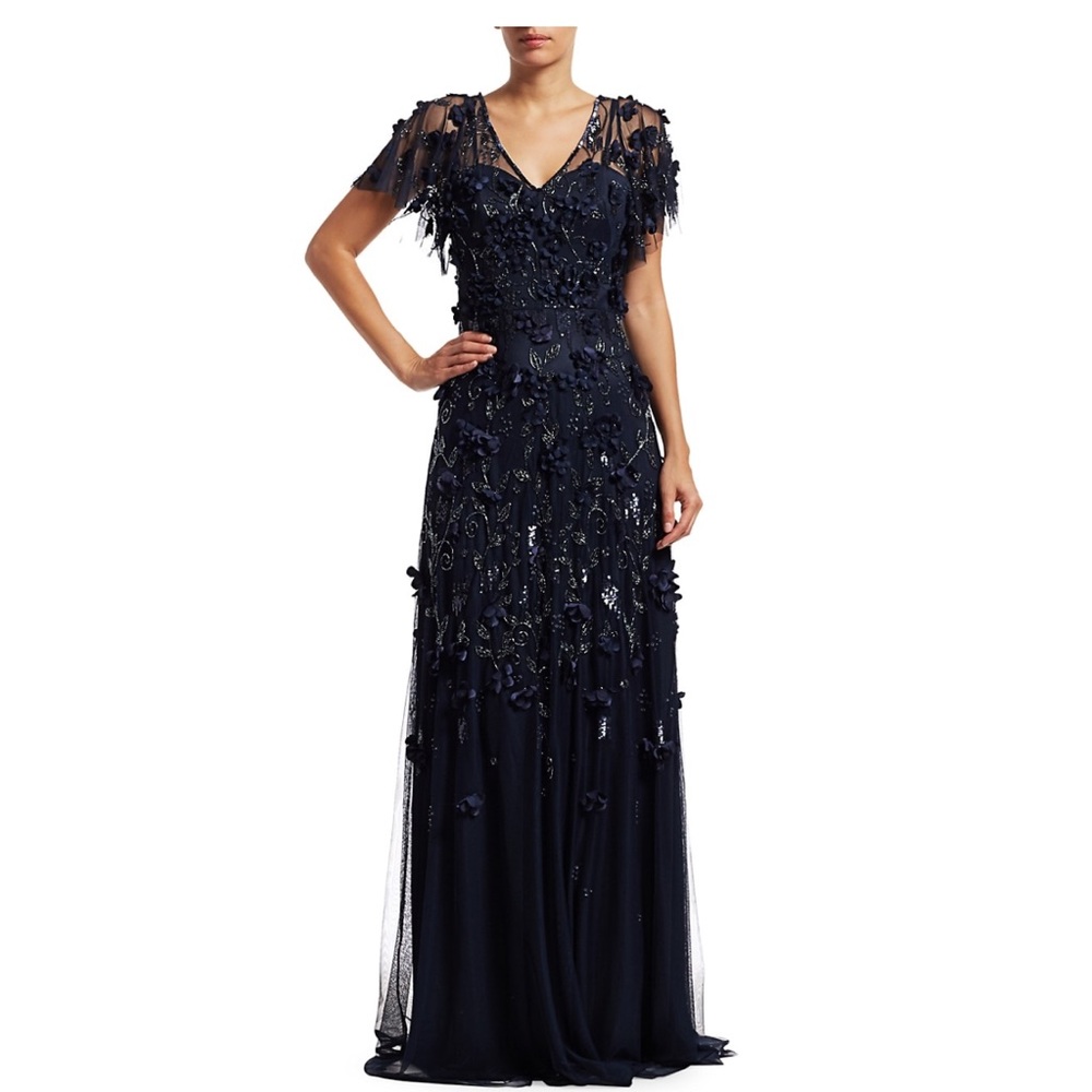 NWT Theia Flutter Sleeve Floral Appliqué Gown